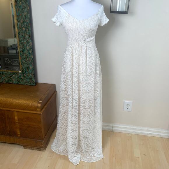 Aakaa Sz S Lace Smocked Dress Cream Ivory Short Sleeve Long Wedding Bridal - Picture 4 of 15